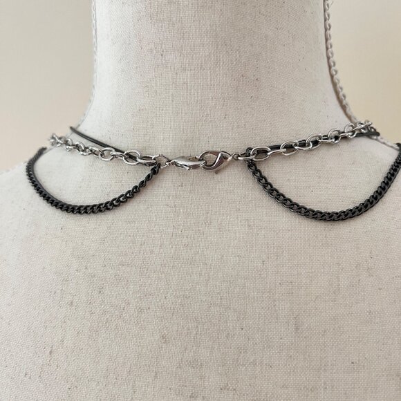 Black and Silver Layered Chain Pendant Necklace 26" - Picture 4 of 4